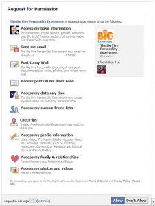 Facebook Permissions Page for Big Five Experiment