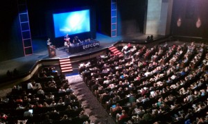 Chris, Alison and Adrian preparing to speak in the Penn & Teller theatre